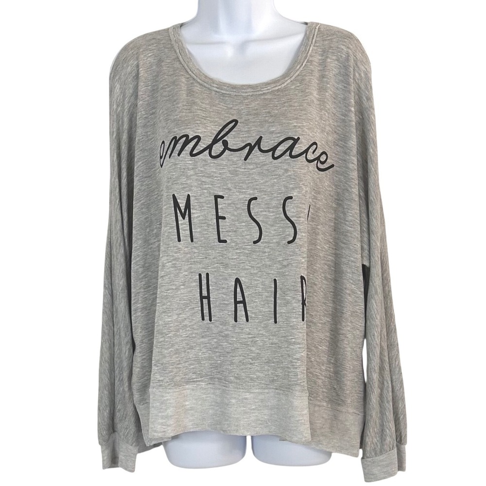 NWOT Wild Kiss Women XL Gray Embrace Messy Hair Graphic Cold Shoulder Sweatshirt